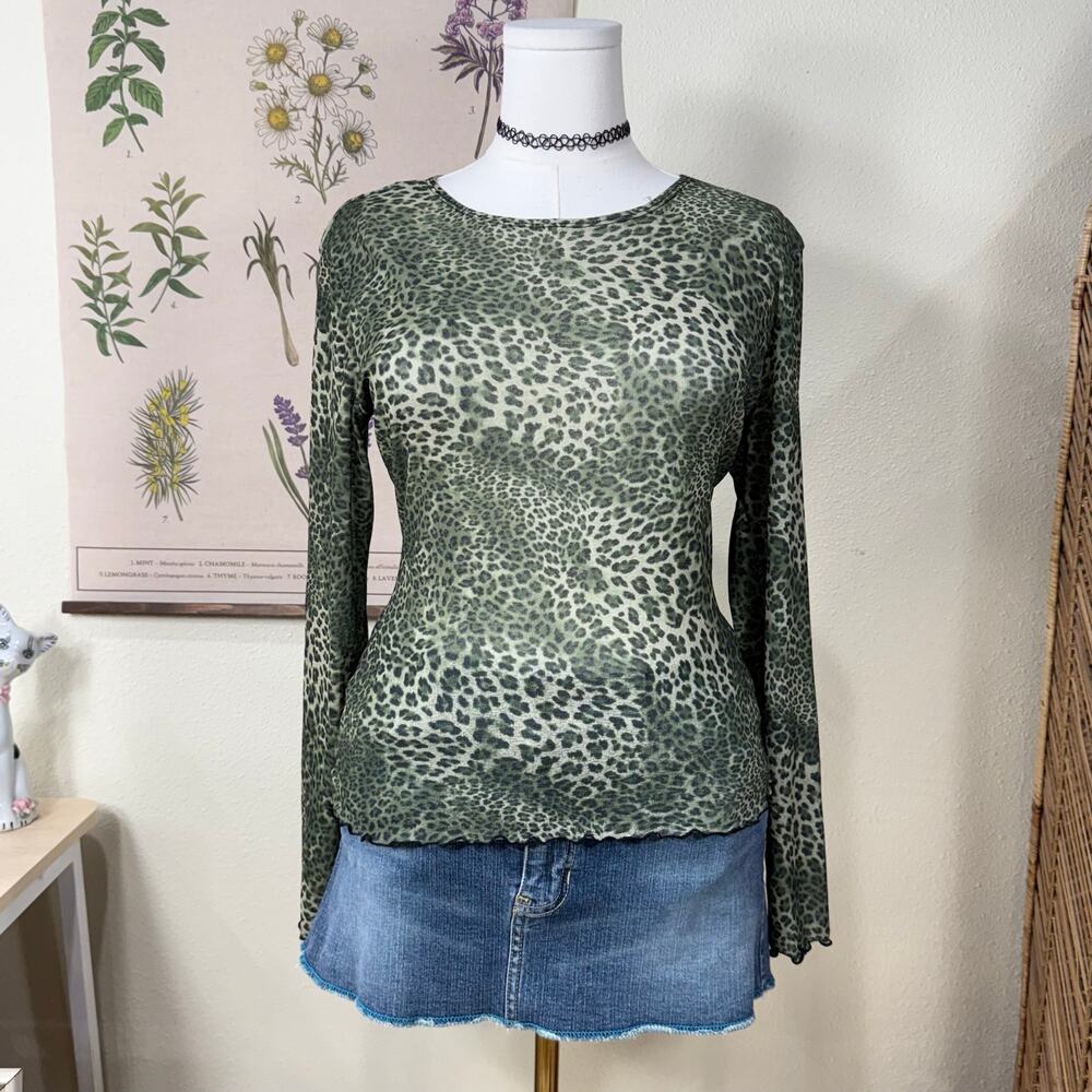 90s Y2k Leopard Lettuce Hem Sheer Mesh Top Grunge Sexy Trashy Indie Sleaze M L